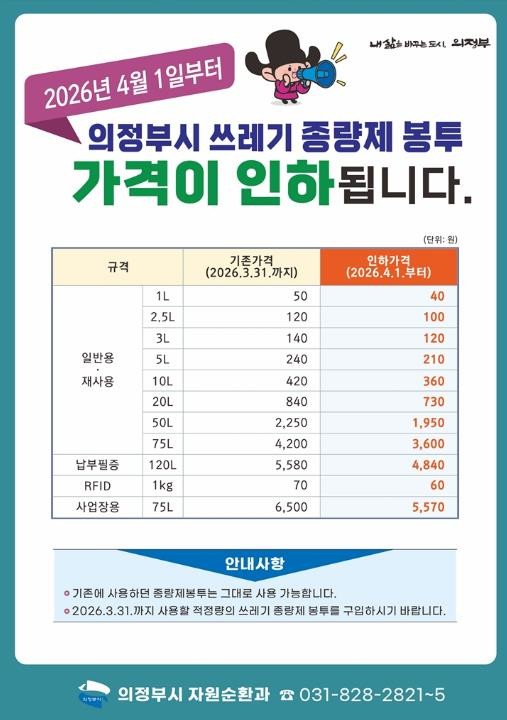 의정부시, 4월 1일부터 종량제봉투 ...